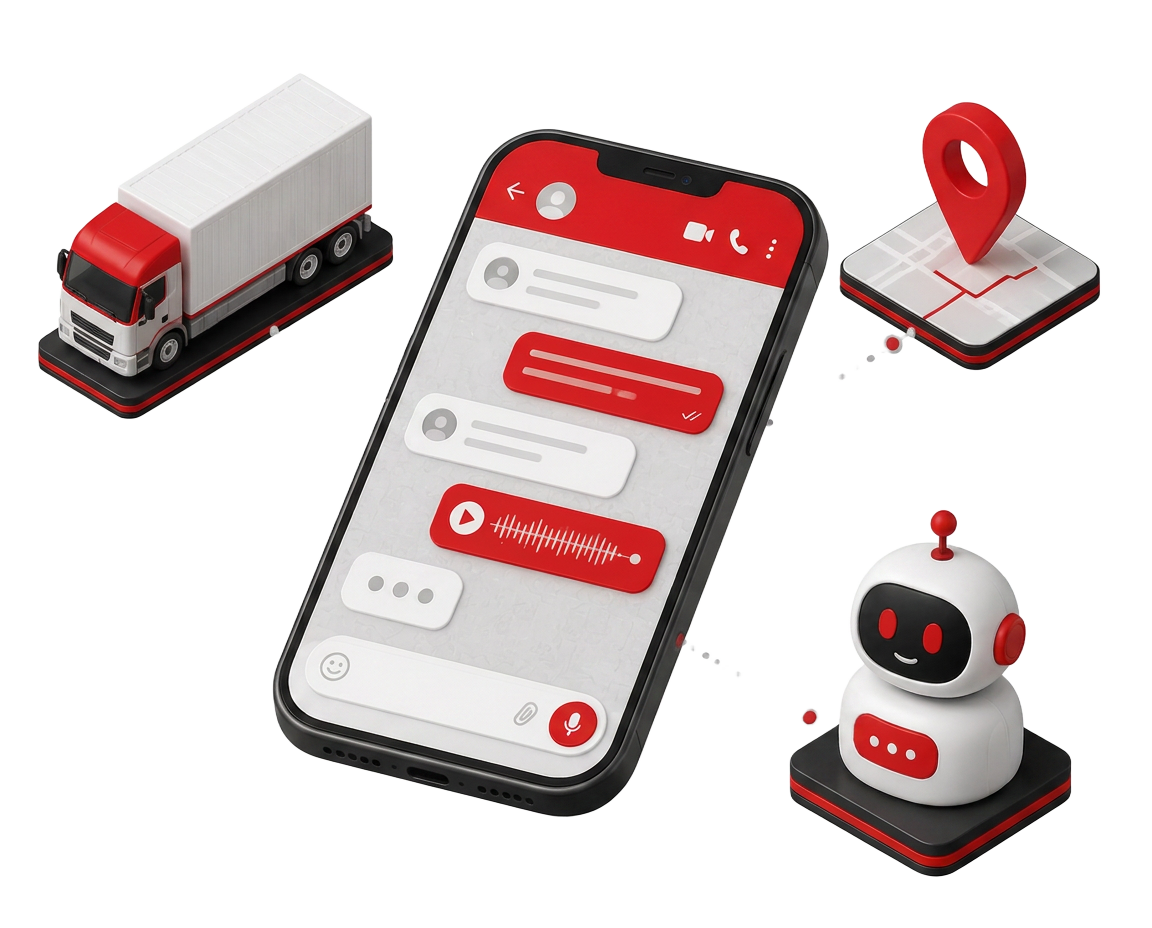 Ilustración isométrica de Copiloto respondiendo consultas de flota por WhatsApp