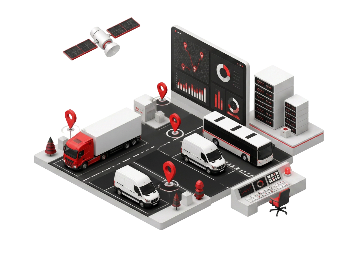 Ilustración isométrica de una flota monitoreada por satélite con panel de control infoTRACK
