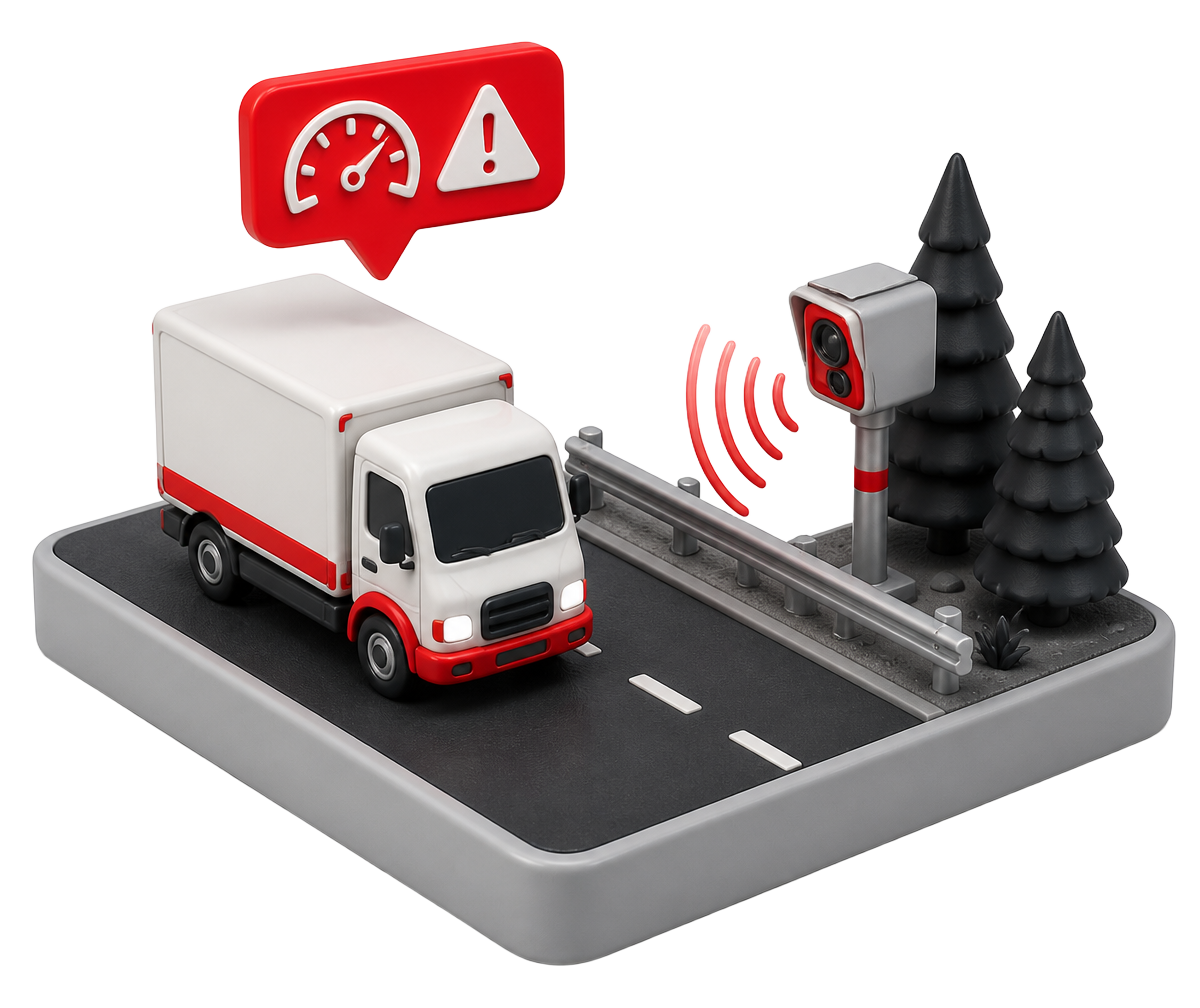 Ilustración isométrica de un camión recibiendo una alerta al aproximarse a un radar de control de velocidad